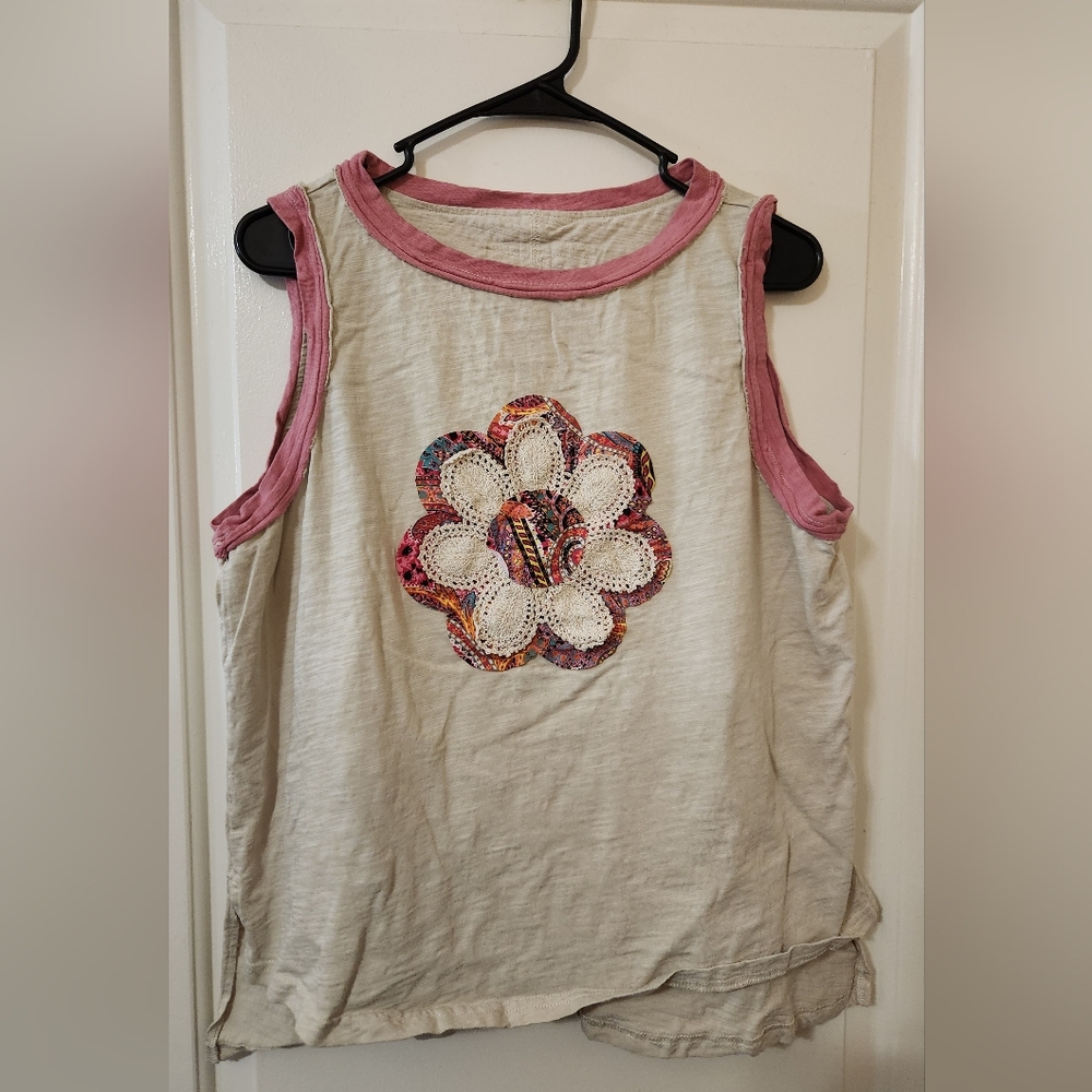 SHEIN Cream and Pink Floral Tank Top